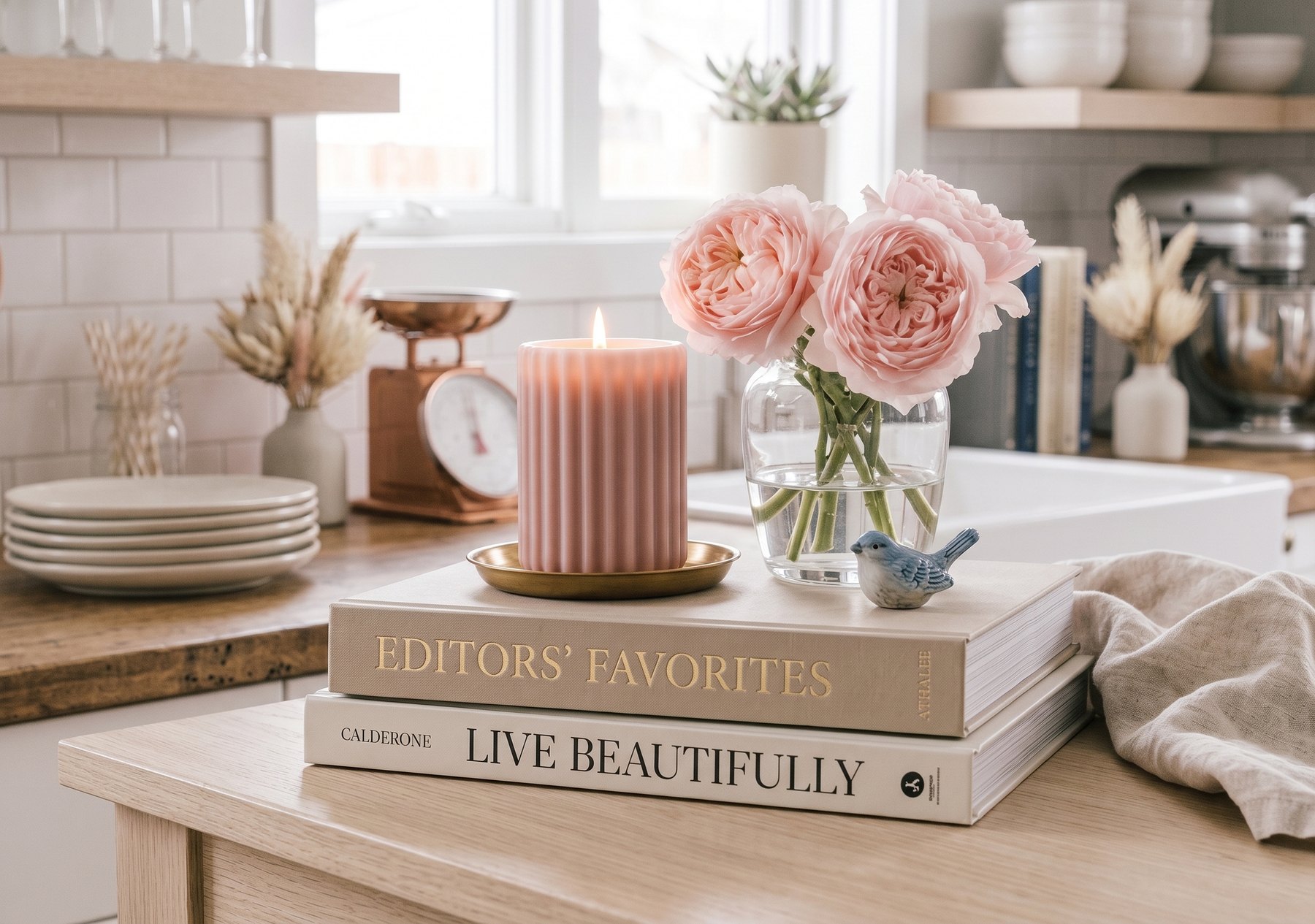 Pink roses and a candle arranged on coffee-table books