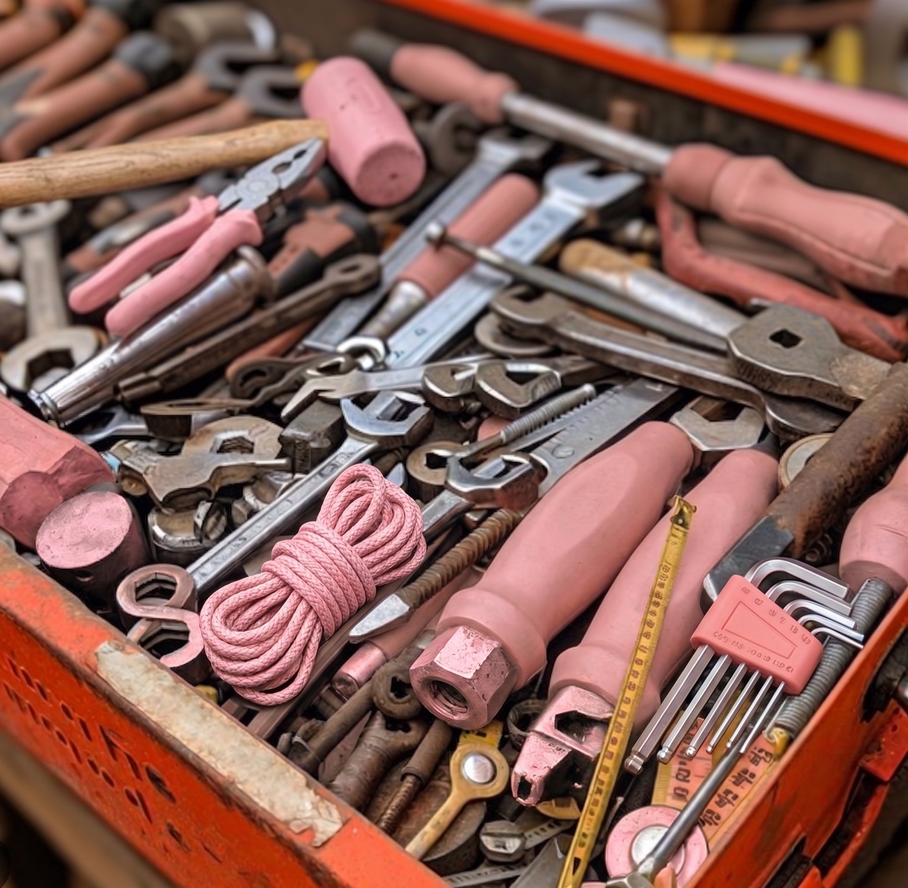 A colorful collection of hand tools and DIY supplies