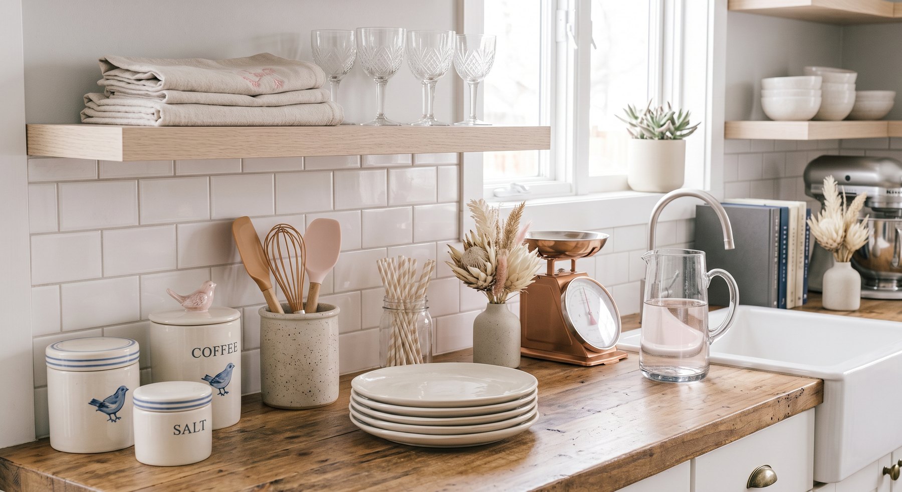 Bright kitchen styled with useful and decorative home pieces