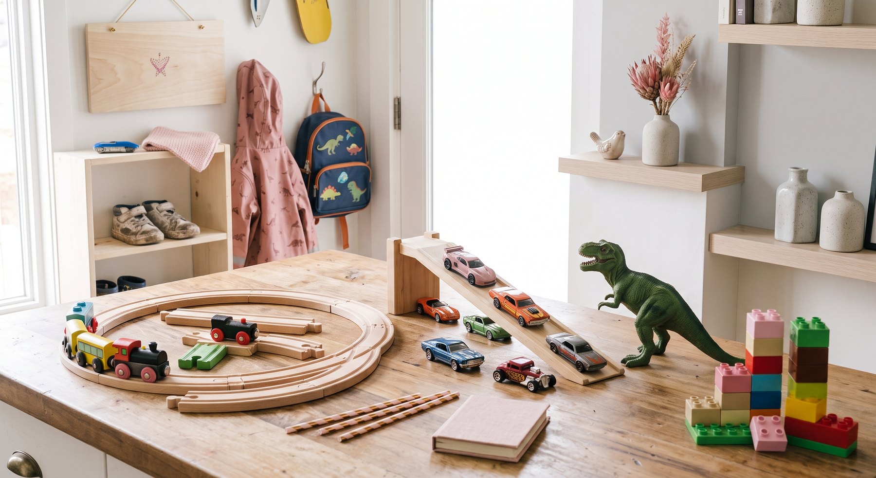 A bright play space with wooden trains, toy cars, and building blocks