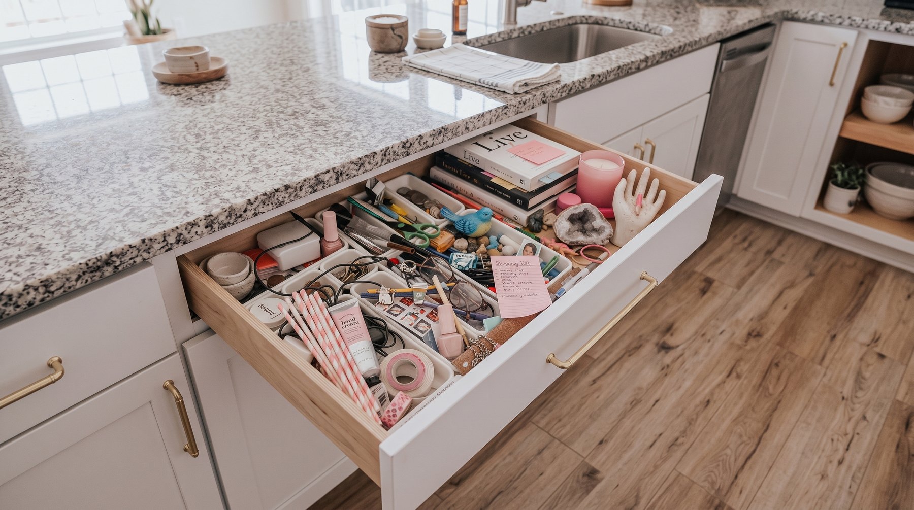 An open kitchen drawer filled with useful and unexpected little items